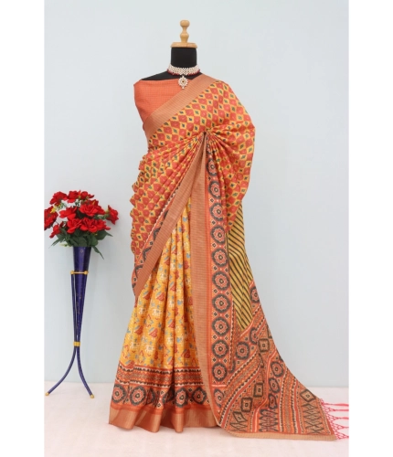 Generic Women's Mysore Silk  Digital Print Saree With Unstitched Blouse 5.5Mtr (Orange)