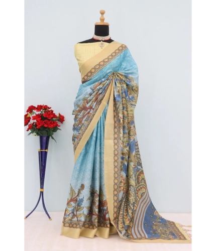 Generic Women's Mysore Silk  Digital Print Saree With Unstitched Blouse 5.5Mtr (Sky Blue)