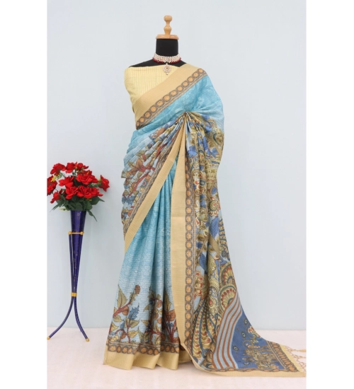 Generic Women's Mysore Silk  Digital Print Saree With Unstitched Blouse 5.5Mtr (Sky Blue)