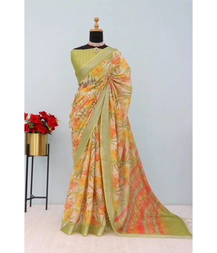 Generic Women's Linen Digital Print Saree With Unstitched Blouse 5.5Mtr (Multicolor)