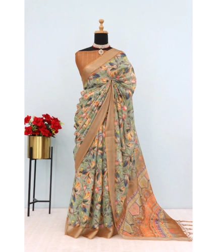 Generic Women's Linen Digital Print Saree With Unstitched Blouse 5.5Mtr (Beige)