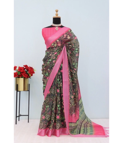 Generic Women's Linen Digital Print Saree With Unstitched Blouse 5.5Mtr (Multicolor)