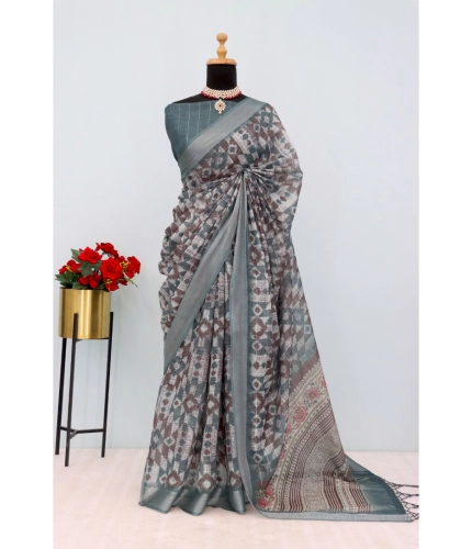 Generic Women's Linen Digital Print Saree With Unstitched Blouse 5.5Mtr (Grey)