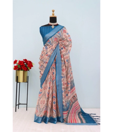 Generic Women's Linen Digital Print Saree With Unstitched Blouse 5.5Mtr (Multicolor)
