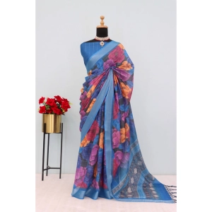 Generic Women's Linen Digital Print Saree With Unstitched Blouse 5.5Mtr (Blue)