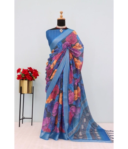 Generic Women's Linen Digital Print Saree With Unstitched Blouse 5.5Mtr (Blue)
