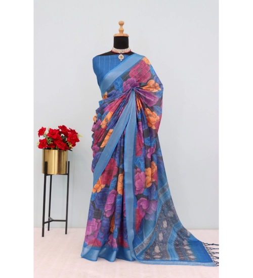 Generic Women's Linen Digital Print Saree With Unstitched Blouse 5.5Mtr (Blue)