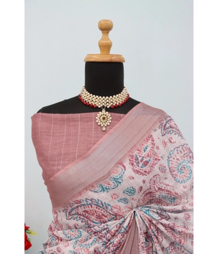 Generic Women's Linen Digital Print Saree With Unstitched Blouse 5.5Mtr (Brown) Generic Women's Linen Digital Print Saree With Unstitched Blouse 5.5Mtr (Brown)