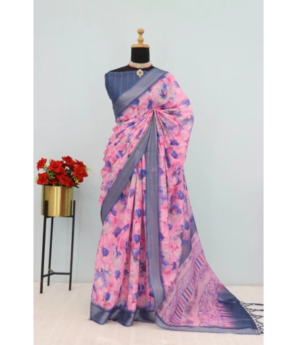 Generic Women's Linen Digital Print Saree With Unstitched Blouse 5.5Mtr (Multicolor)