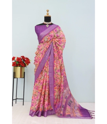 Generic Women's Linen Digital Print Saree With Unstitched Blouse 5.5Mtr (Purple)