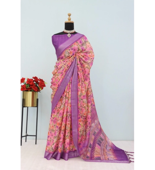 Generic Women's Linen Digital Print Saree With Unstitched Blouse 5.5Mtr (Purple)