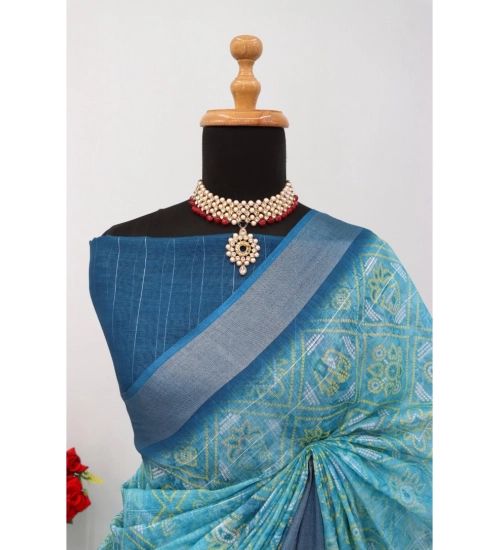 Generic Women's Linen Digital Print Saree With Unstitched Blouse 5.5Mtr (Sky Blue)