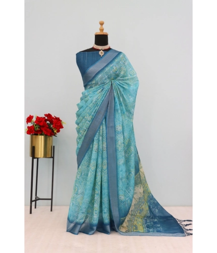 Generic Women's Linen Digital Print Saree With Unstitched Blouse 5.5Mtr (Sky Blue)