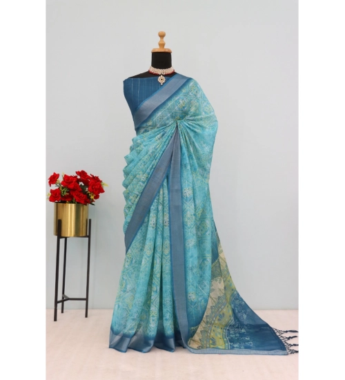 Generic Women's Linen Digital Print Saree With Unstitched Blouse 5.5Mtr (Sky Blue)