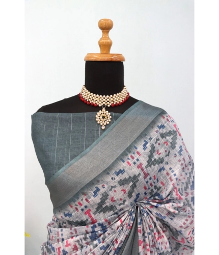 Generic Women's Linen Digital Print Saree With Unstitched Blouse 5.5Mtr (Grey) Generic Women's Linen Digital Print Saree With Unstitched Blouse 5.5Mtr (Grey)