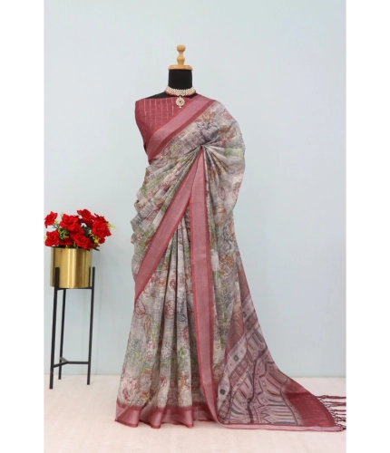 Generic Women's Linen Digital Print Saree With Unstitched Blouse 5.5Mtr (Multicolor)