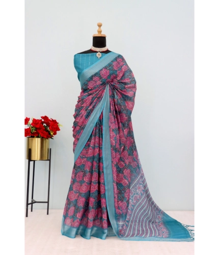 Generic Women's Linen Digital Print Saree With Unstitched Blouse 5.5Mtr (Blue)