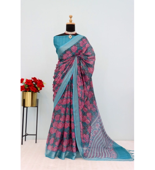 Generic Women's Linen Digital Print Saree With Unstitched Blouse 5.5Mtr (Blue)