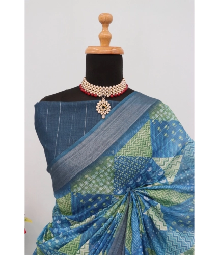 Generic Women's Linen Digital Print Saree With Unstitched Blouse 5.5Mtr (Green)