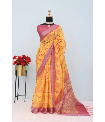 Generic Women's Linen Digital Print Saree With Unstitched Blouse 5.5Mtr (Mustard)