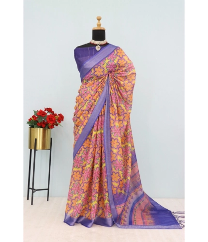 Generic Women's Linen Digital Print Saree With Unstitched Blouse 5.5Mtr (Multicolor)