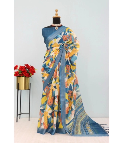 Generic Women's Linen Digital Print Saree With Unstitched Blouse 5.5Mtr (Multicolor)