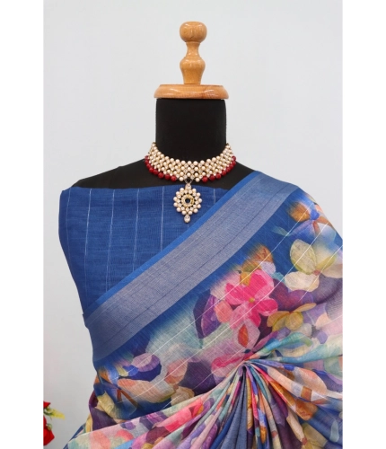 Generic Women's Linen Digital Print Saree With Unstitched Blouse 5.5Mtr (Blue) Generic Women's Linen Digital Print Saree With Unstitched Blouse 5.5Mtr (Blue)