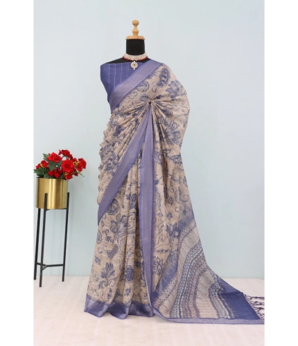 Generic Women's Linen Digital Print Saree With Unstitched Blouse 5.5Mtr (Blue)