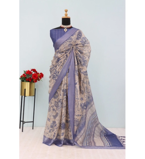 Generic Women's Linen Digital Print Saree With Unstitched Blouse 5.5Mtr (Blue)