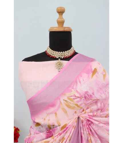 Generic Women's Linen Digital Print Saree With Unstitched Blouse 5.5Mtr (Pink) Generic Women's Linen Digital Print Saree With Unstitched Blouse 5.5Mtr (Pink)