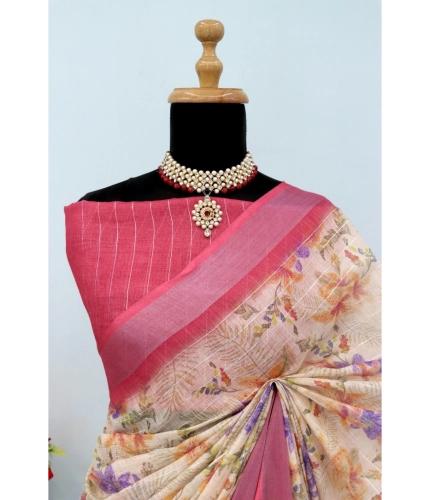Generic Women's Linen Digital Print Saree With Unstitched Blouse 5.5Mtr (Pink) Generic Women's Linen Digital Print Saree With Unstitched Blouse 5.5Mtr (Pink)