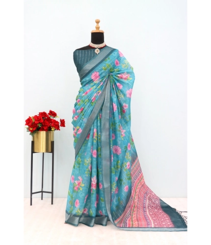 Generic Women's Linen Digital Print Saree With Unstitched Blouse 5.5Mtr (Green)