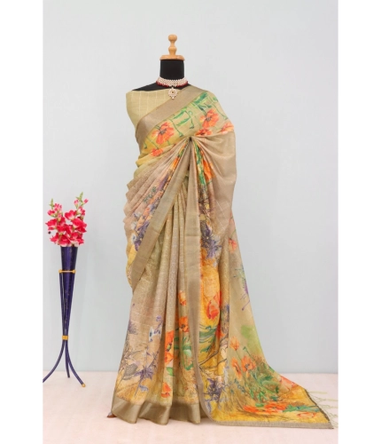 Generic Women's Linen Digital Print Saree With Unstitched Blouse 5.5Mtr (Multicolor)