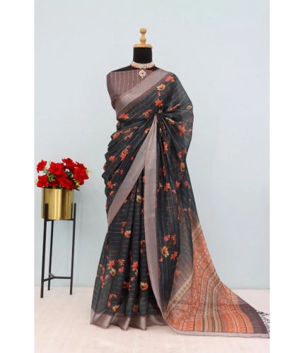 Generic Women's Linen Digital Print Saree With Unstitched Blouse 5.5Mtr (Black)