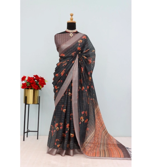 Generic Women's Linen Digital Print Saree With Unstitched Blouse 5.5Mtr (Black)