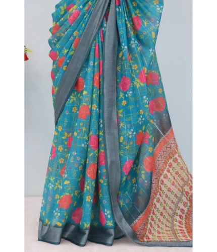 Generic Women's Linen Digital Print Saree With Unstitched Blouse 5.5Mtr (Green)