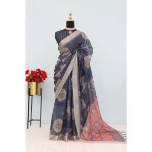 Generic Women's Linen Digital Print Saree With Unstitched Blouse 5.5Mtr (Blue)