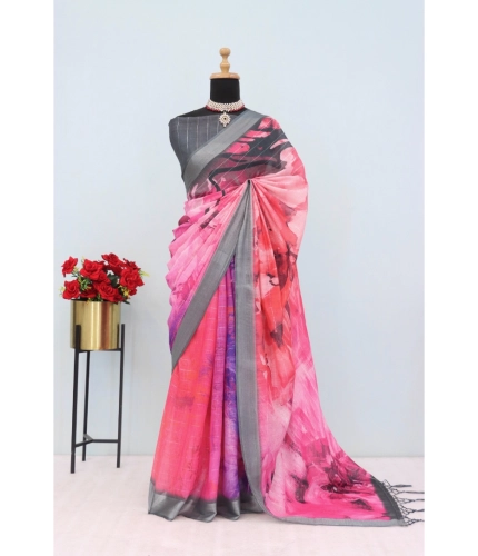 Generic Women's Linen Digital Print Saree With Unstitched Blouse 5.5Mtr (Pink)
