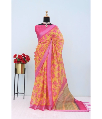 Generic Women's Linen Digital Print Saree With Unstitched Blouse 5.5Mtr (Yellow)