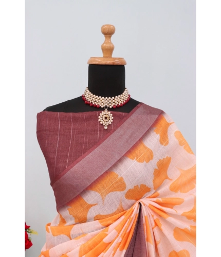 Generic Women's Linen Digital Print Saree With Unstitched Blouse 5.5Mtr (Orange) Generic Women's Linen Digital Print Saree With Unstitched Blouse 5.5Mtr (Orange)