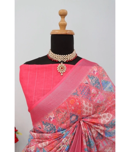 Generic Women's Linen Digital Print Saree With Unstitched Blouse 5.5Mtr (Pink) Generic Women's Linen Digital Print Saree With Unstitched Blouse 5.5Mtr (Pink)