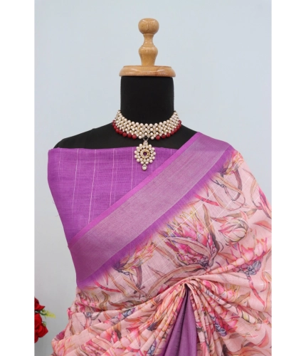 Generic Women's Linen Digital Print Saree With Unstitched Blouse 5.5Mtr (Purple) Generic Women's Linen Digital Print Saree With Unstitched Blouse 5.5Mtr (Purple)