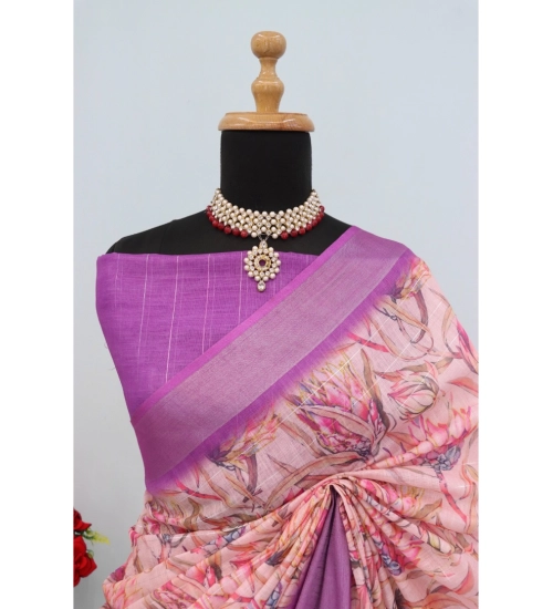 Generic Women's Linen Digital Print Saree With Unstitched Blouse 5.5Mtr (Purple)