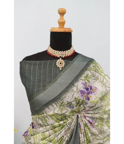 Generic Women's Linen Digital Print Saree With Unstitched Blouse 5.5Mtr (Green)