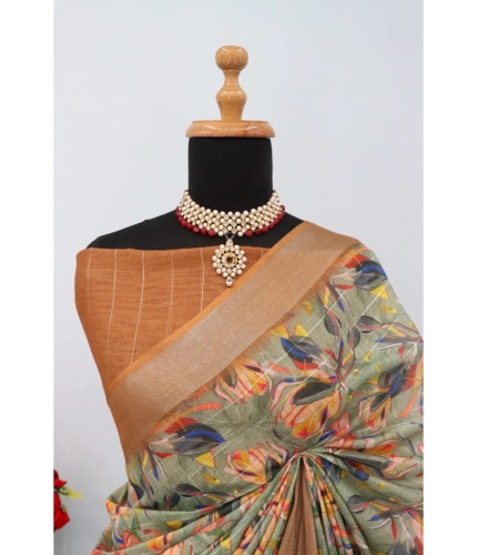Generic Women's Linen Digital Print Saree With Unstitched Blouse 5.5Mtr (Beige) Generic Women's Linen Digital Print Saree With Unstitched Blouse 5.5Mtr (Beige)