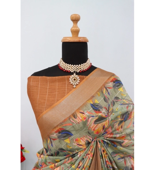 Generic Women's Linen Digital Print Saree With Unstitched Blouse 5.5Mtr (Beige)