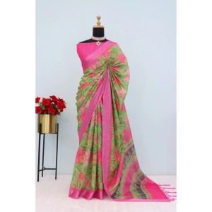 Generic Women's Linen Digital Print Saree With Unstitched Blouse 5.5Mtr (Green)