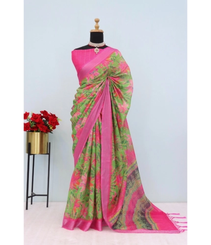 Generic Women's Linen Digital Print Saree With Unstitched Blouse 5.5Mtr (Green)