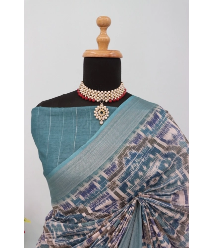 Generic Women's Linen Digital Print Saree With Unstitched Blouse 5.5Mtr (Green)