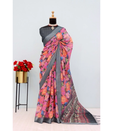 Generic Women's Linen Digital Print Saree With Unstitched Blouse 5.5Mtr (Grey)